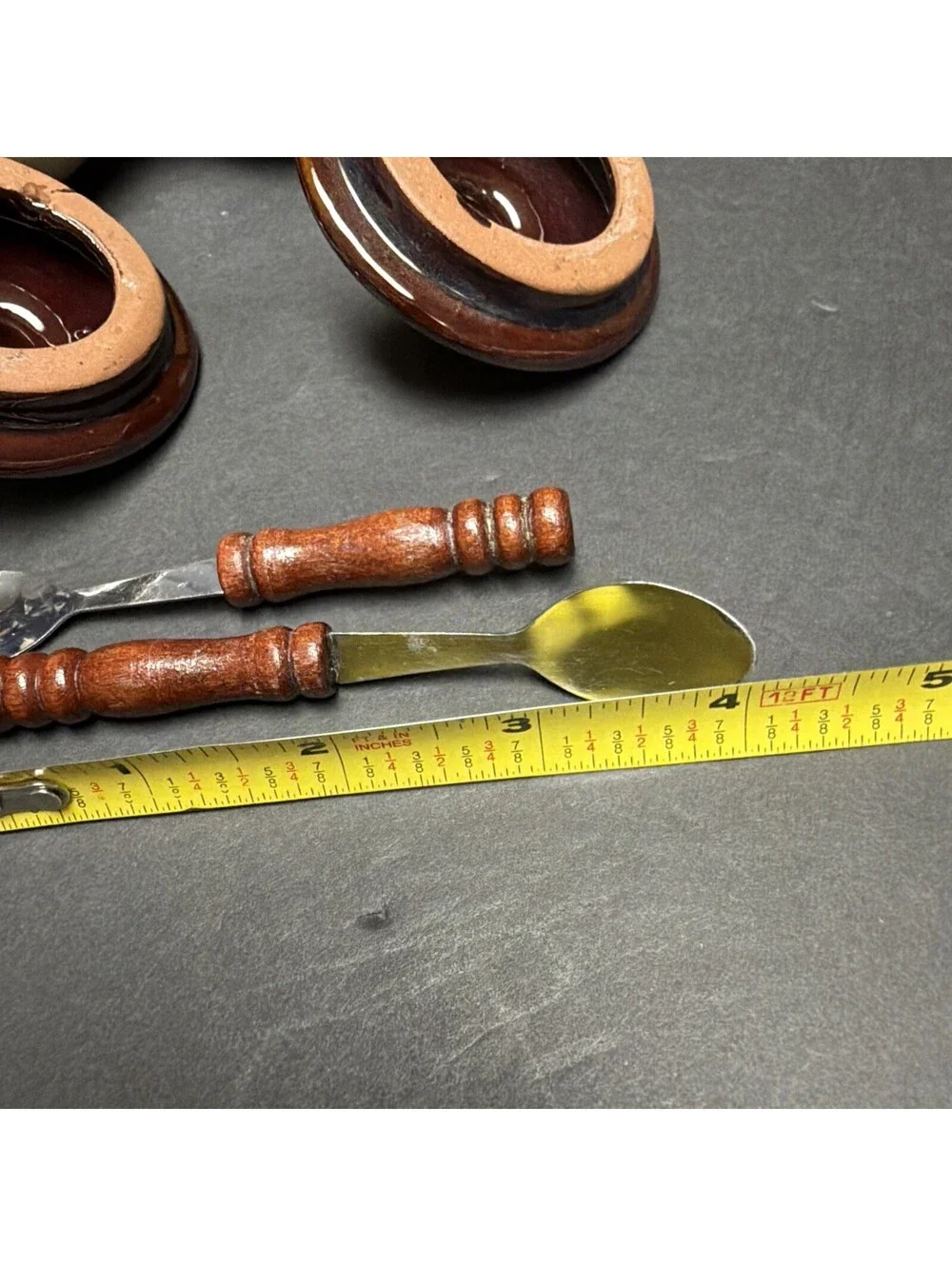 Vintage Stoneware Two-Tone Brown Tan Double Condiment Set Lids Spoons Taiwan